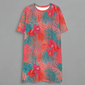 Aqua and Pink Tropical Floral Oversized T-Shirt Dress 2XS-6XL