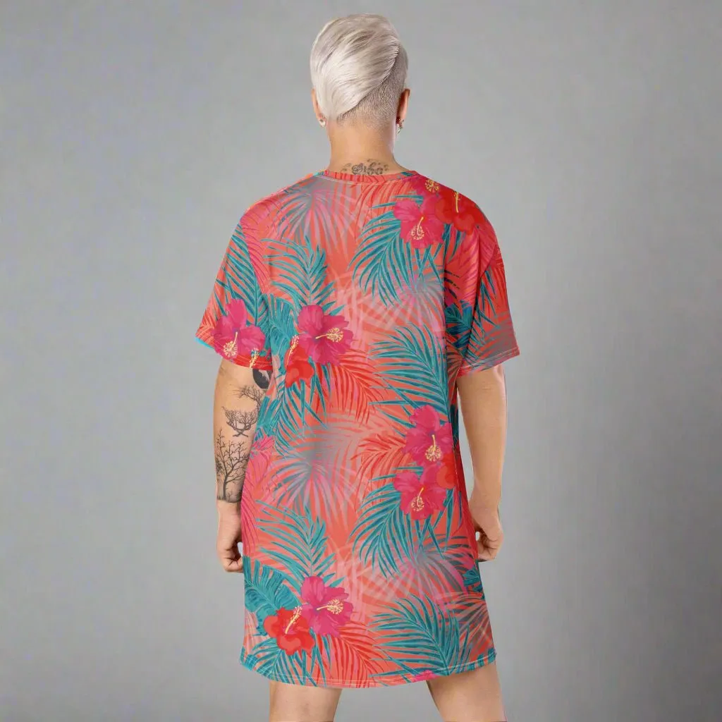 Aqua and Pink Tropical Floral Oversized T-Shirt Dress 2XS-6XL