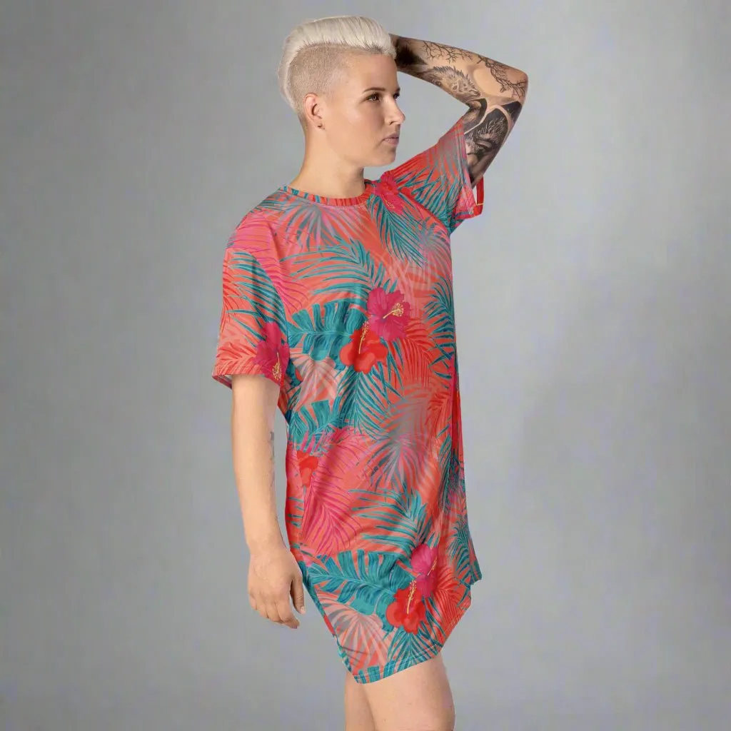Aqua and Pink Tropical Floral Oversized T-Shirt Dress 2XS-6XL