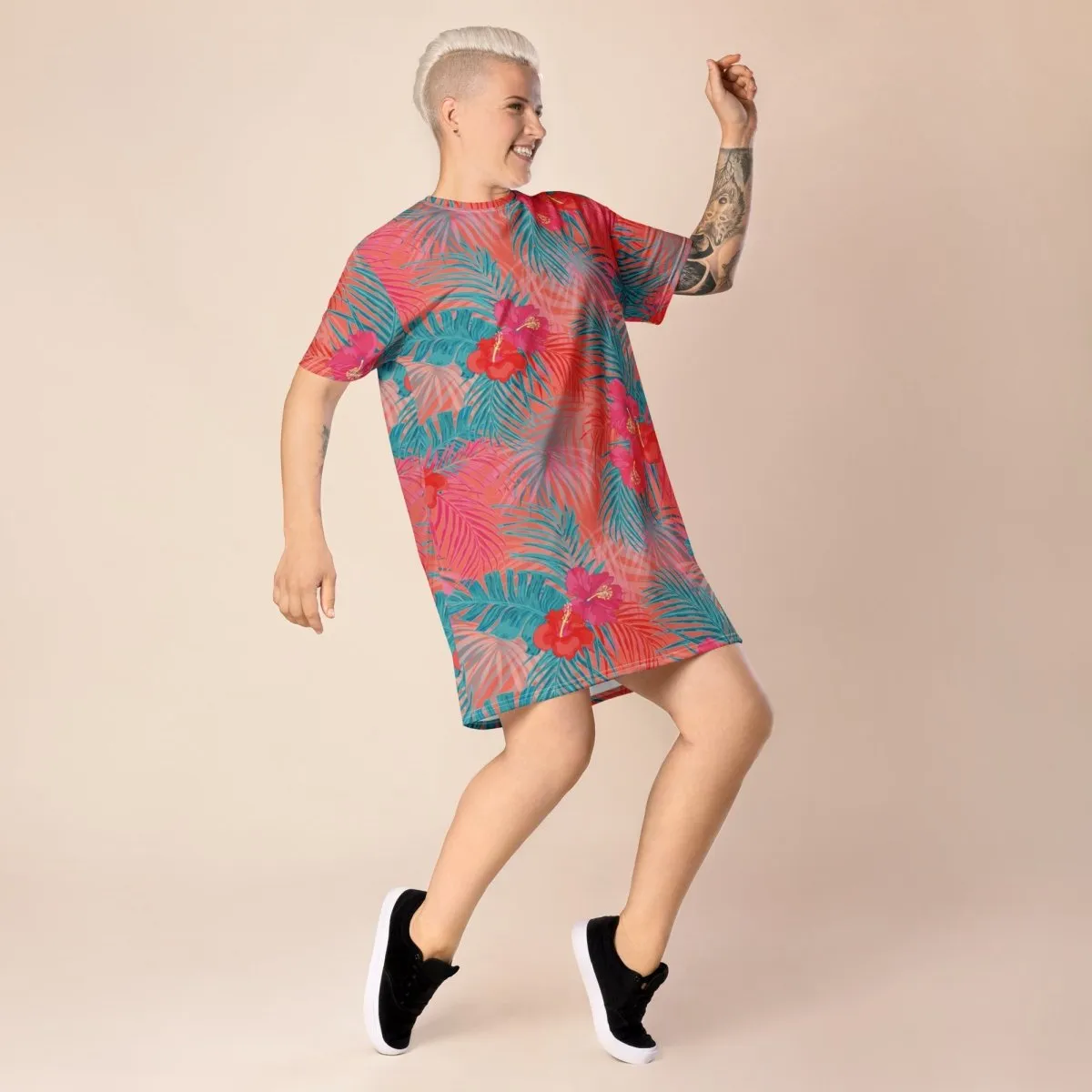Aqua and Pink Tropical Floral Oversized T-Shirt Dress 2XS-6XL