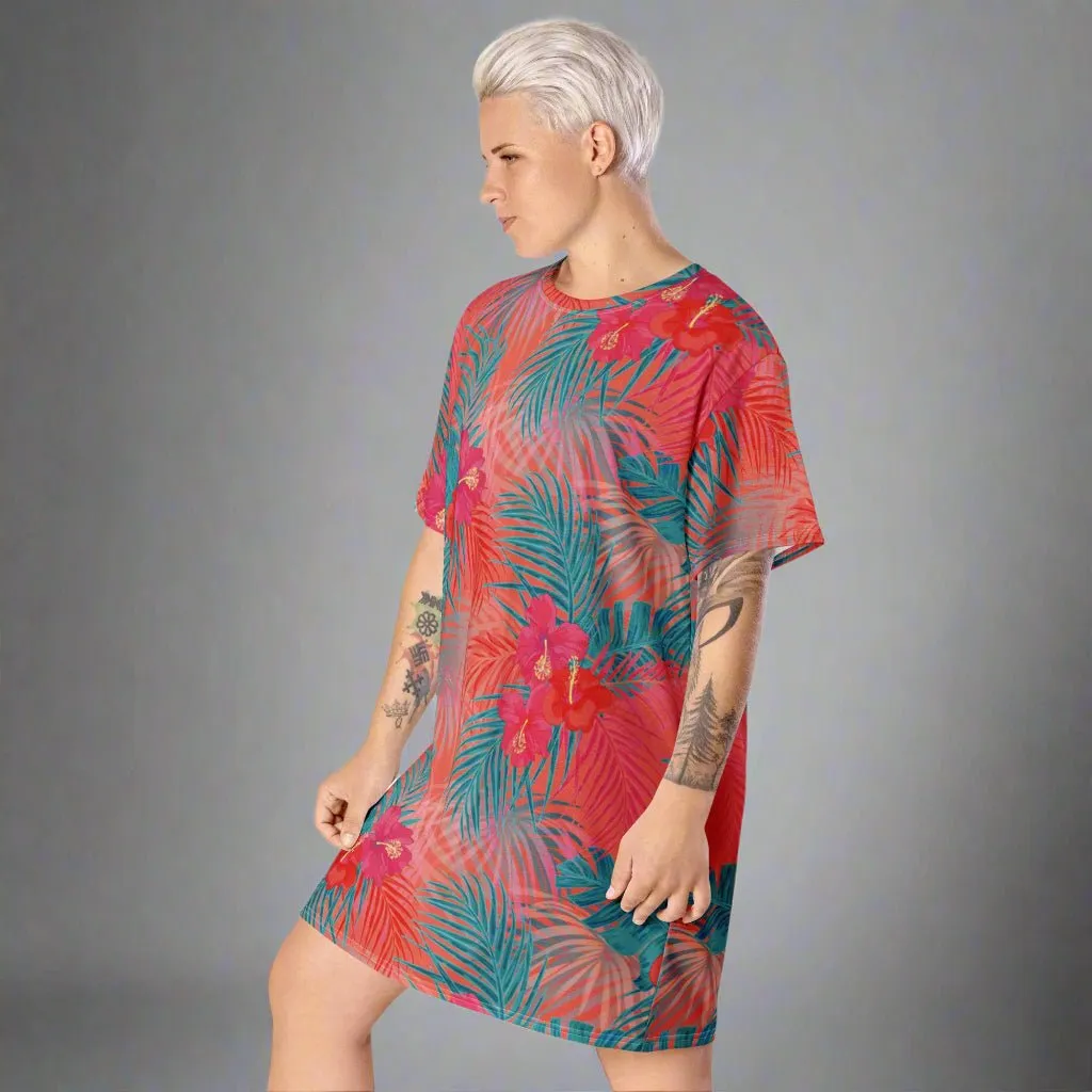Aqua and Pink Tropical Floral Oversized T-Shirt Dress 2XS-6XL