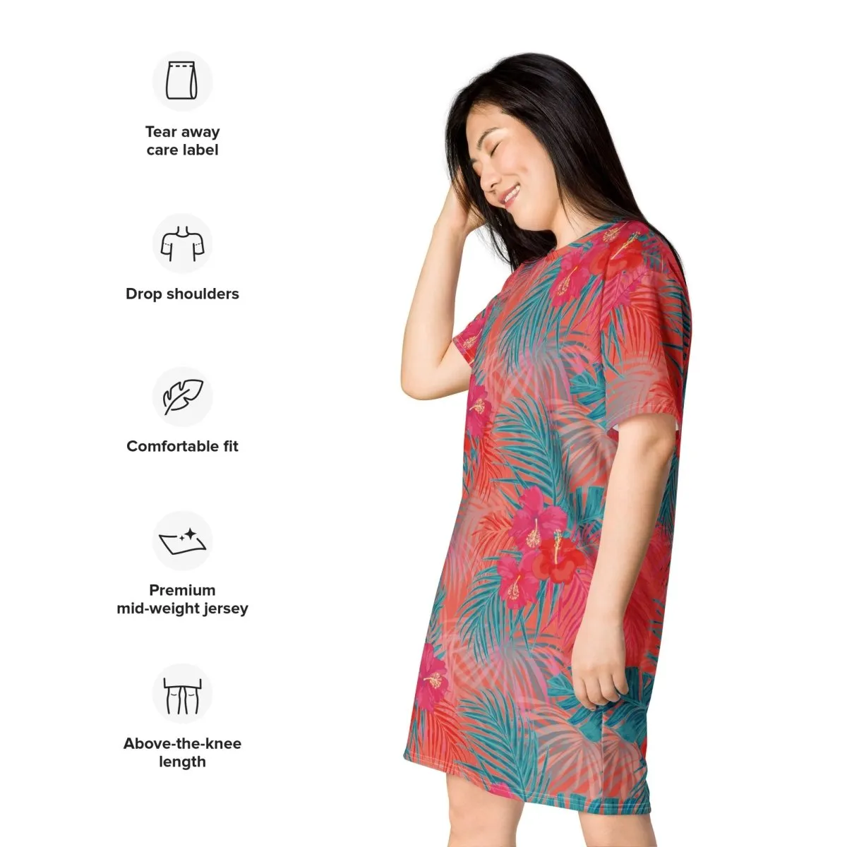 Aqua and Pink Tropical Floral Oversized T-Shirt Dress 2XS-6XL