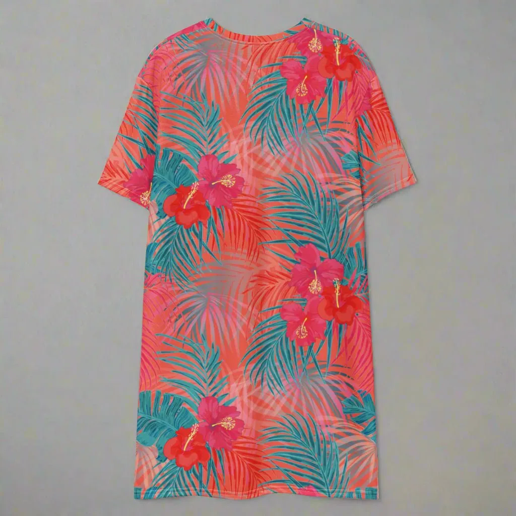 Aqua and Pink Tropical Floral Oversized T-Shirt Dress 2XS-6XL
