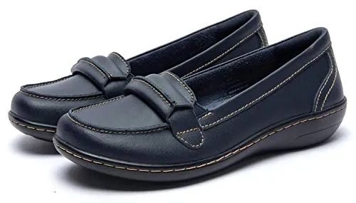 Artisure Women's Genuine Leather Loafers Ladies Moccasins Comfort Slip-On Casual Boat Shoes Classic Flats with Concealed Orthotic Arch Support Navy 9 M US ATS-WM2021-LAN090