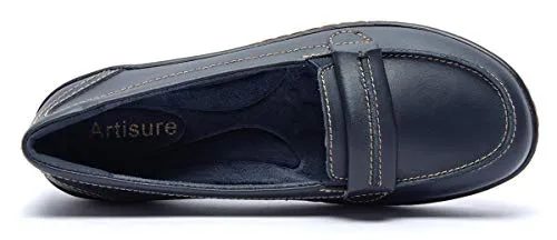 Artisure Women's Genuine Leather Loafers Ladies Moccasins Comfort Slip-On Casual Boat Shoes Classic Flats with Concealed Orthotic Arch Support Navy 9 M US ATS-WM2021-LAN090