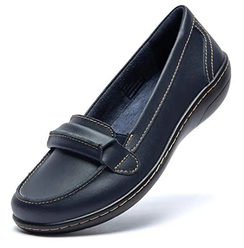 Artisure Women's Genuine Leather Loafers Ladies Moccasins Comfort Slip-On Casual Boat Shoes Classic Flats with Concealed Orthotic Arch Support Navy 9 M US ATS-WM2021-LAN090
