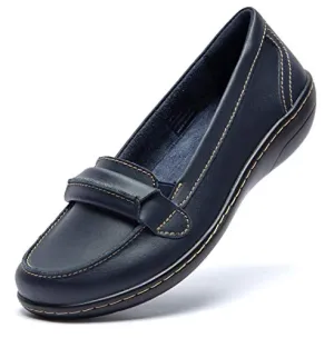 Artisure Women's Genuine Leather Loafers Ladies Moccasins Comfort Slip-On Casual Boat Shoes Classic Flats with Concealed Orthotic Arch Support Navy 9 M US ATS-WM2021-LAN090