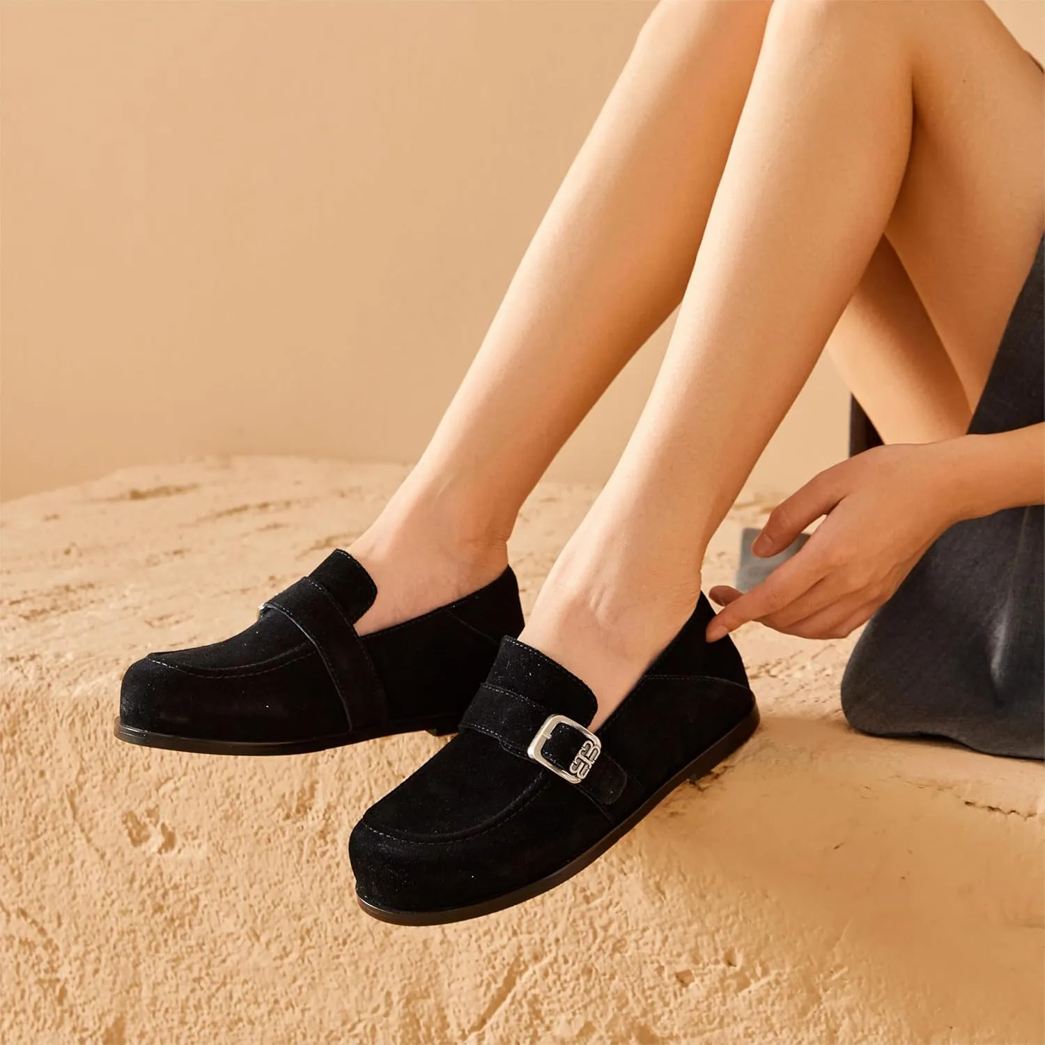 BEAU TODAY Suede Leather Loafers Women, Women??s Slip On Wide Width Loafers Flats Shoes, Footbed Comfortable Casual Dress Potato Shoes with Arch Support and Adjustable Buckle