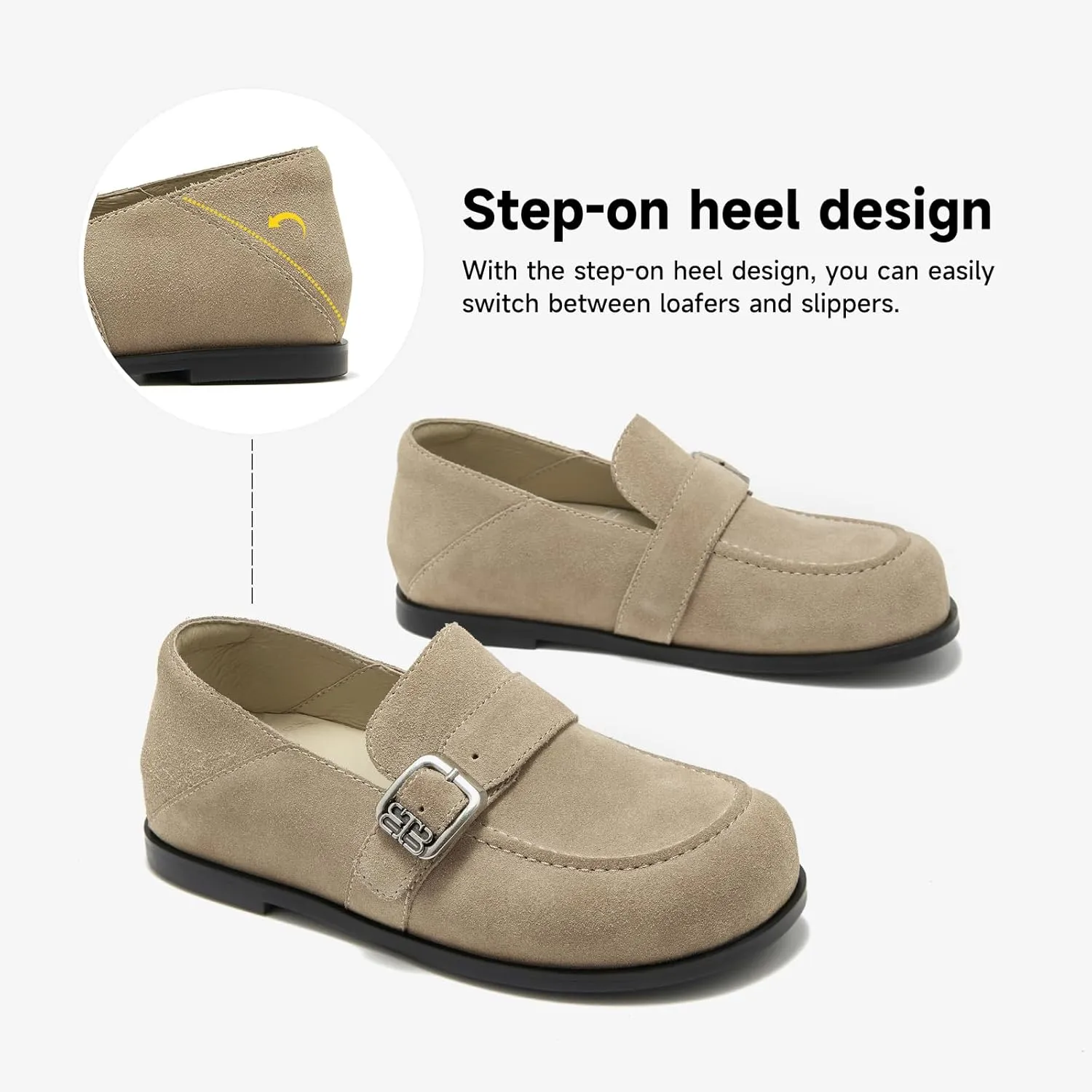 BEAU TODAY Suede Leather Loafers Women, Women??s Slip On Wide Width Loafers Flats Shoes, Footbed Comfortable Casual Dress Potato Shoes with Arch Support and Adjustable Buckle