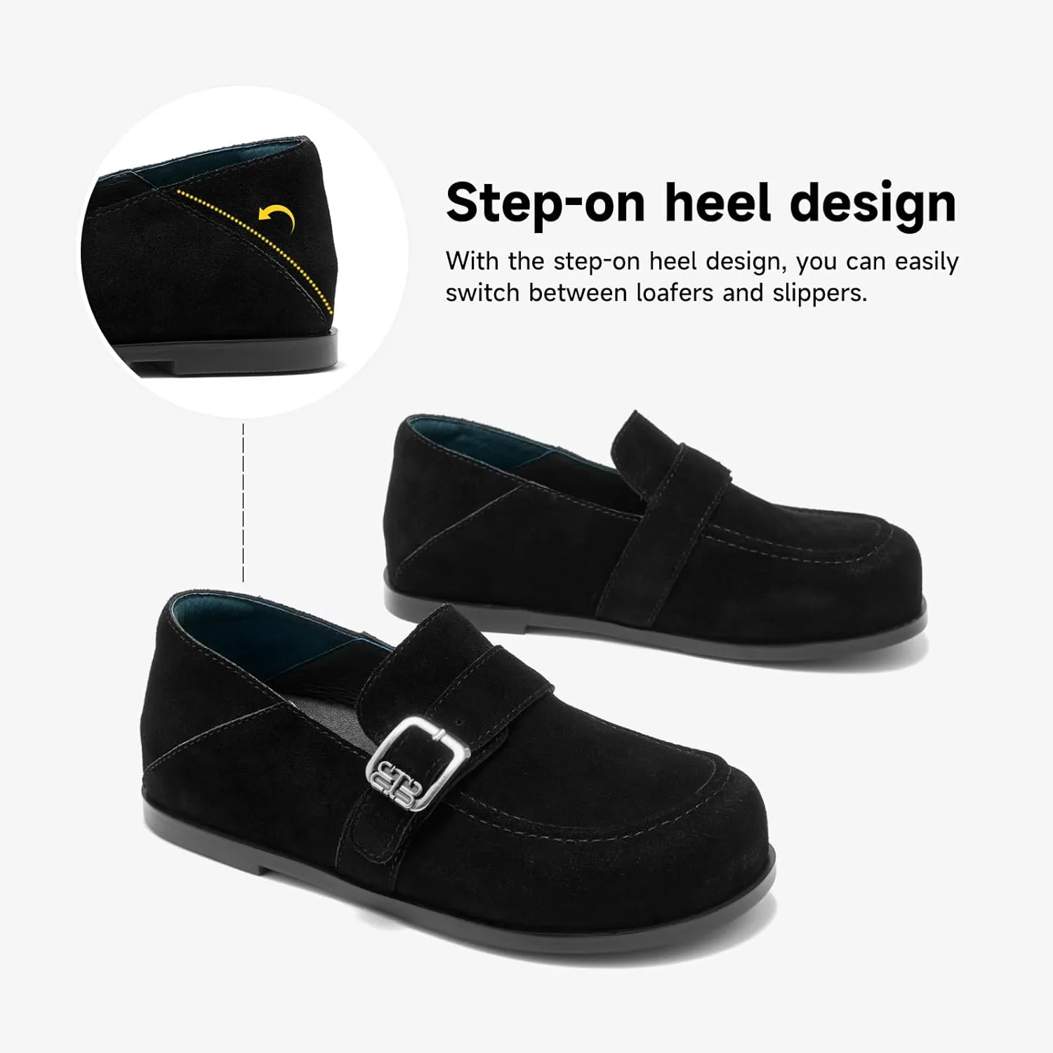 BEAU TODAY Suede Leather Loafers Women, Women??s Slip On Wide Width Loafers Flats Shoes, Footbed Comfortable Casual Dress Potato Shoes with Arch Support and Adjustable Buckle