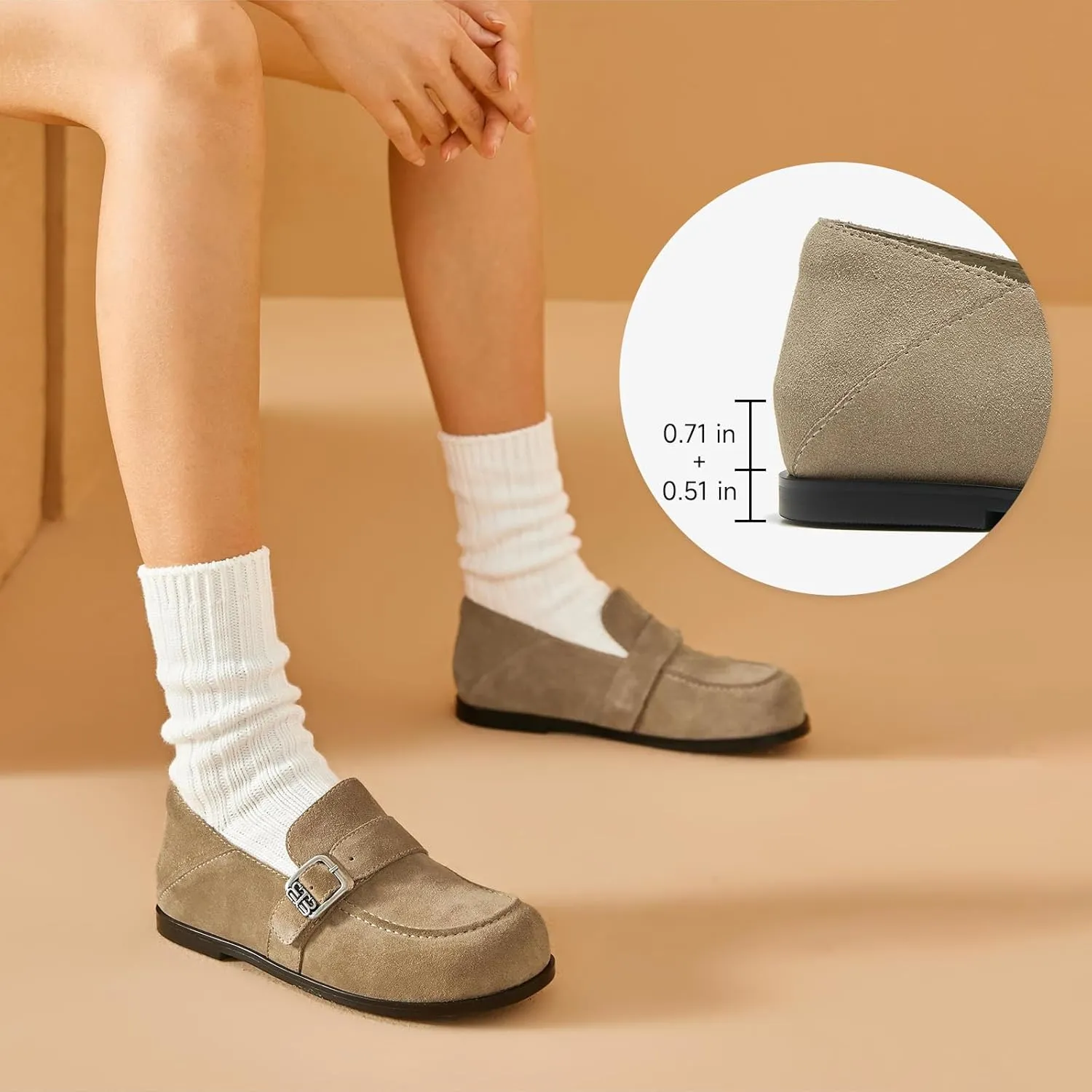 BEAU TODAY Suede Leather Loafers Women, Women??s Slip On Wide Width Loafers Flats Shoes, Footbed Comfortable Casual Dress Potato Shoes with Arch Support and Adjustable Buckle