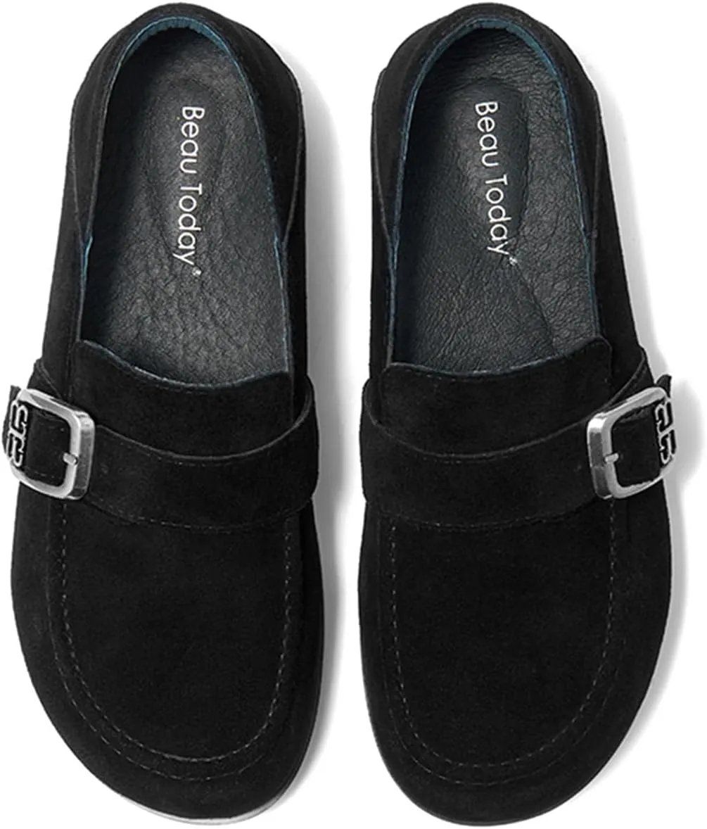BEAU TODAY Suede Leather Loafers Women, Women??s Slip On Wide Width Loafers Flats Shoes, Footbed Comfortable Casual Dress Potato Shoes with Arch Support and Adjustable Buckle