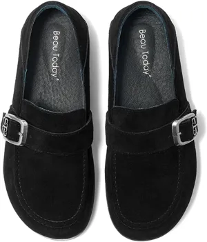 BEAU TODAY Suede Leather Loafers Women, Women??s Slip On Wide Width Loafers Flats Shoes, Footbed Comfortable Casual Dress Potato Shoes with Arch Support and Adjustable Buckle