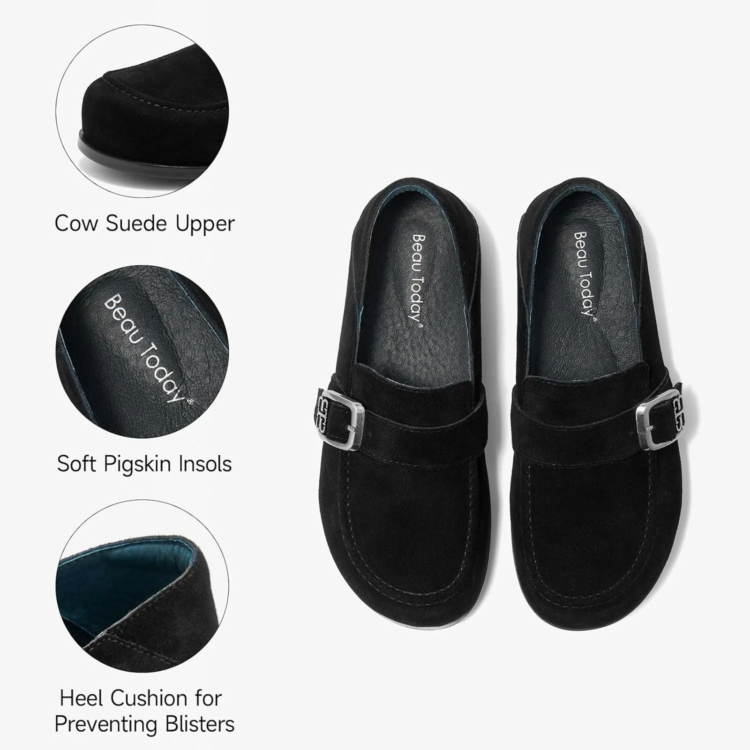 BEAU TODAY Suede Leather Loafers Women, Women??s Slip On Wide Width Loafers Flats Shoes, Footbed Comfortable Casual Dress Potato Shoes with Arch Support and Adjustable Buckle