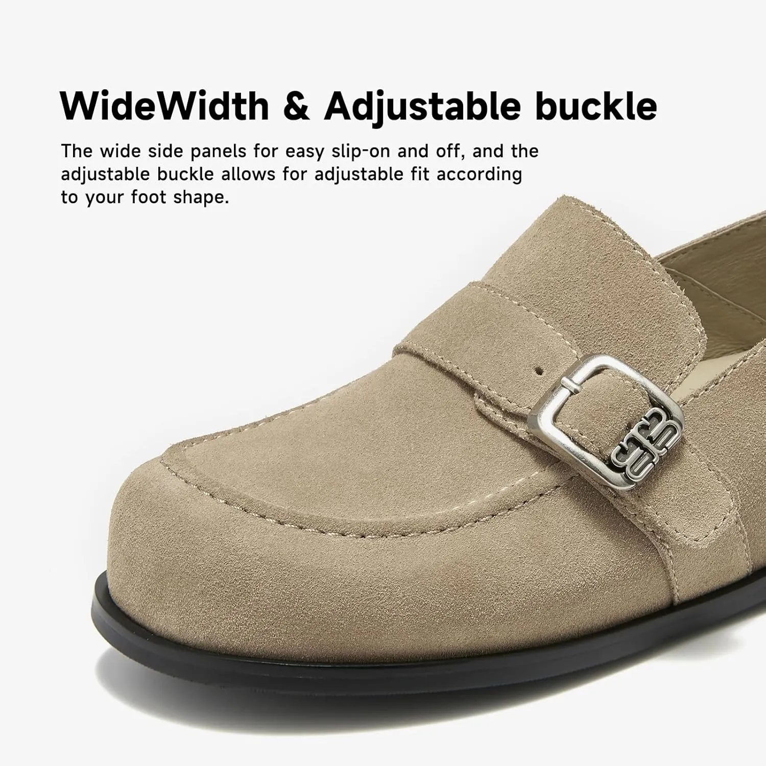 BEAU TODAY Suede Leather Loafers Women, Women??s Slip On Wide Width Loafers Flats Shoes, Footbed Comfortable Casual Dress Potato Shoes with Arch Support and Adjustable Buckle
