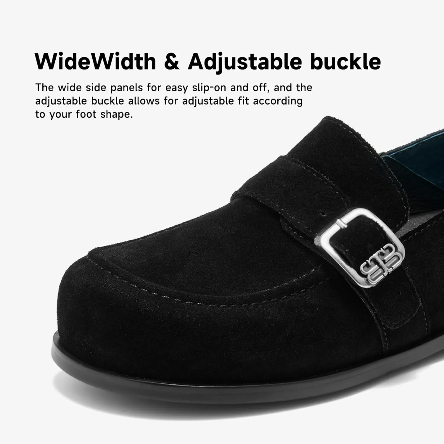 BEAU TODAY Suede Leather Loafers Women, Women??s Slip On Wide Width Loafers Flats Shoes, Footbed Comfortable Casual Dress Potato Shoes with Arch Support and Adjustable Buckle