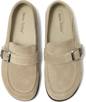 BEAU TODAY Suede Leather Loafers Women, Women??s Slip On Wide Width Loafers Flats Shoes, Footbed Comfortable Casual Dress Potato Shoes with Arch Support and Adjustable Buckle