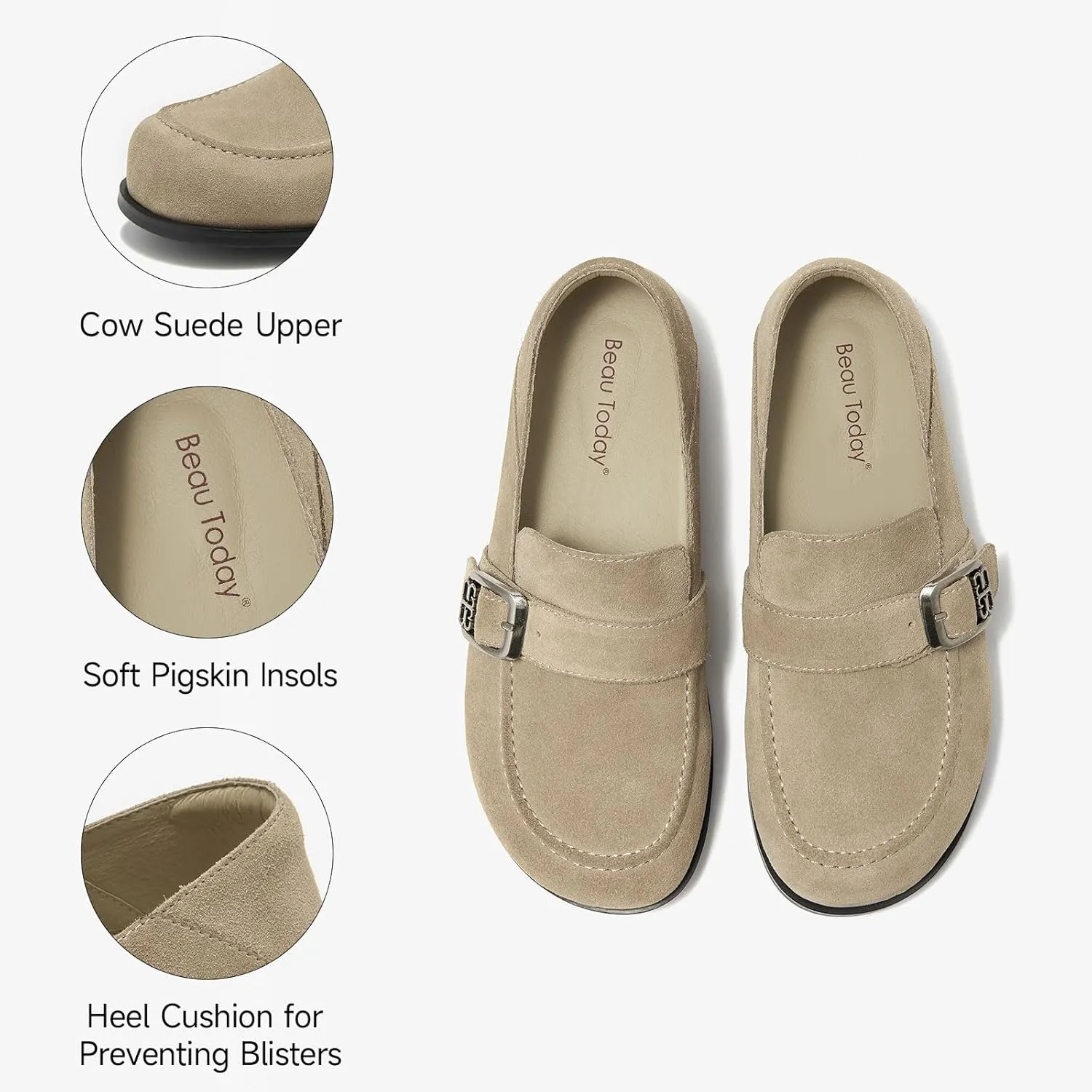 BEAU TODAY Suede Leather Loafers Women, Women??s Slip On Wide Width Loafers Flats Shoes, Footbed Comfortable Casual Dress Potato Shoes with Arch Support and Adjustable Buckle