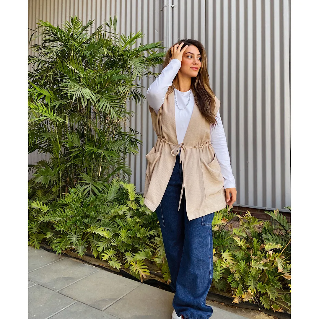 Beige linen drawstring vest
