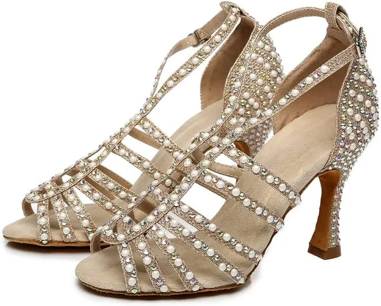 DKZSYIM Women's Satin Latin Dance Shoes Ballroom Performance Shoes,Model YCL413