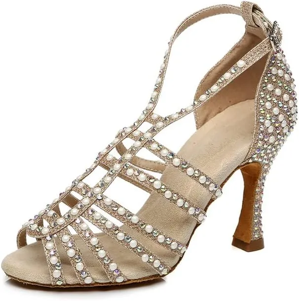 DKZSYIM Women's Satin Latin Dance Shoes Ballroom Performance Shoes,Model YCL413