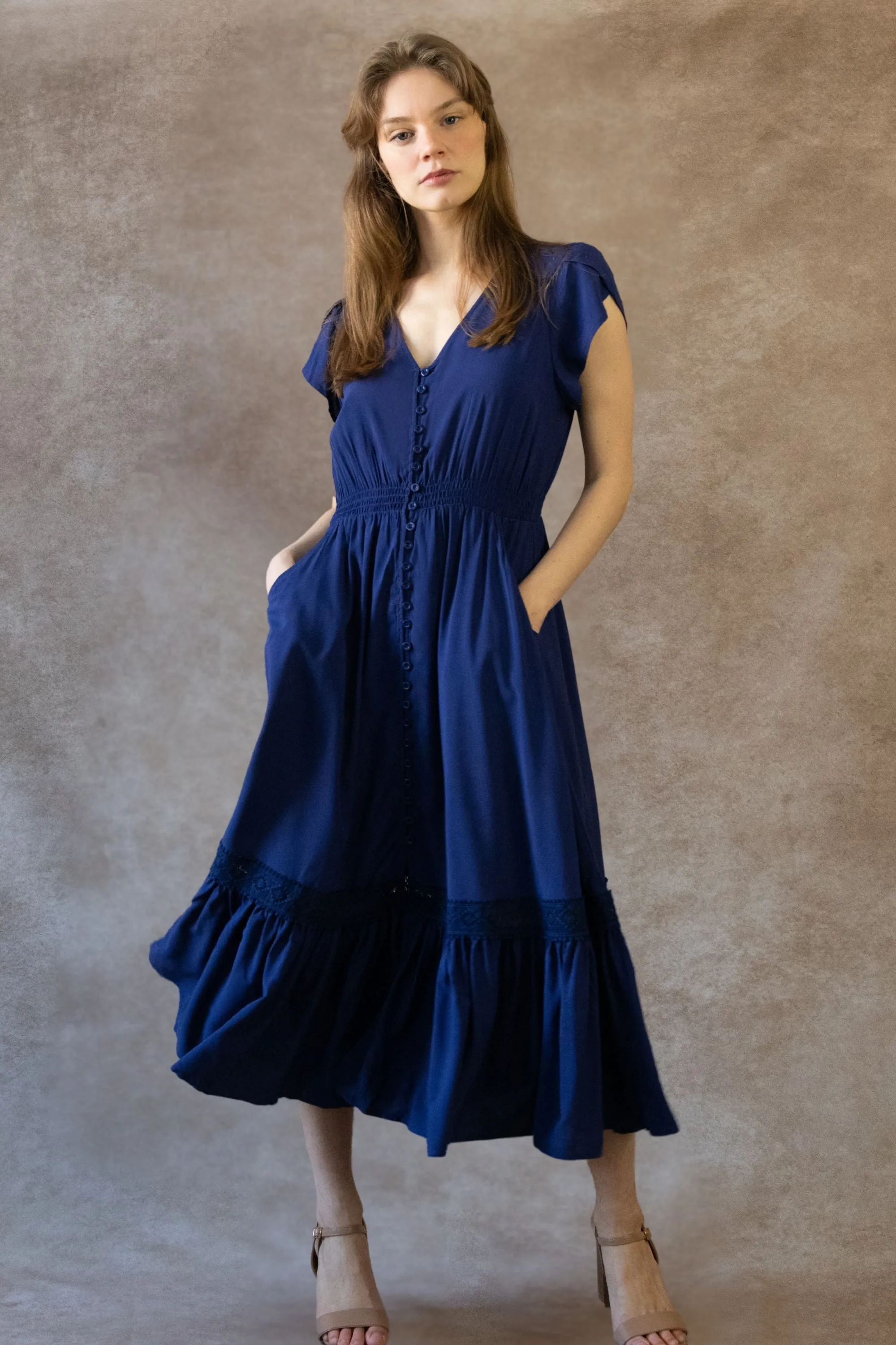 Elise Boho V-Neck Midi Dress - Button Down, Short Sleeve, Pockets