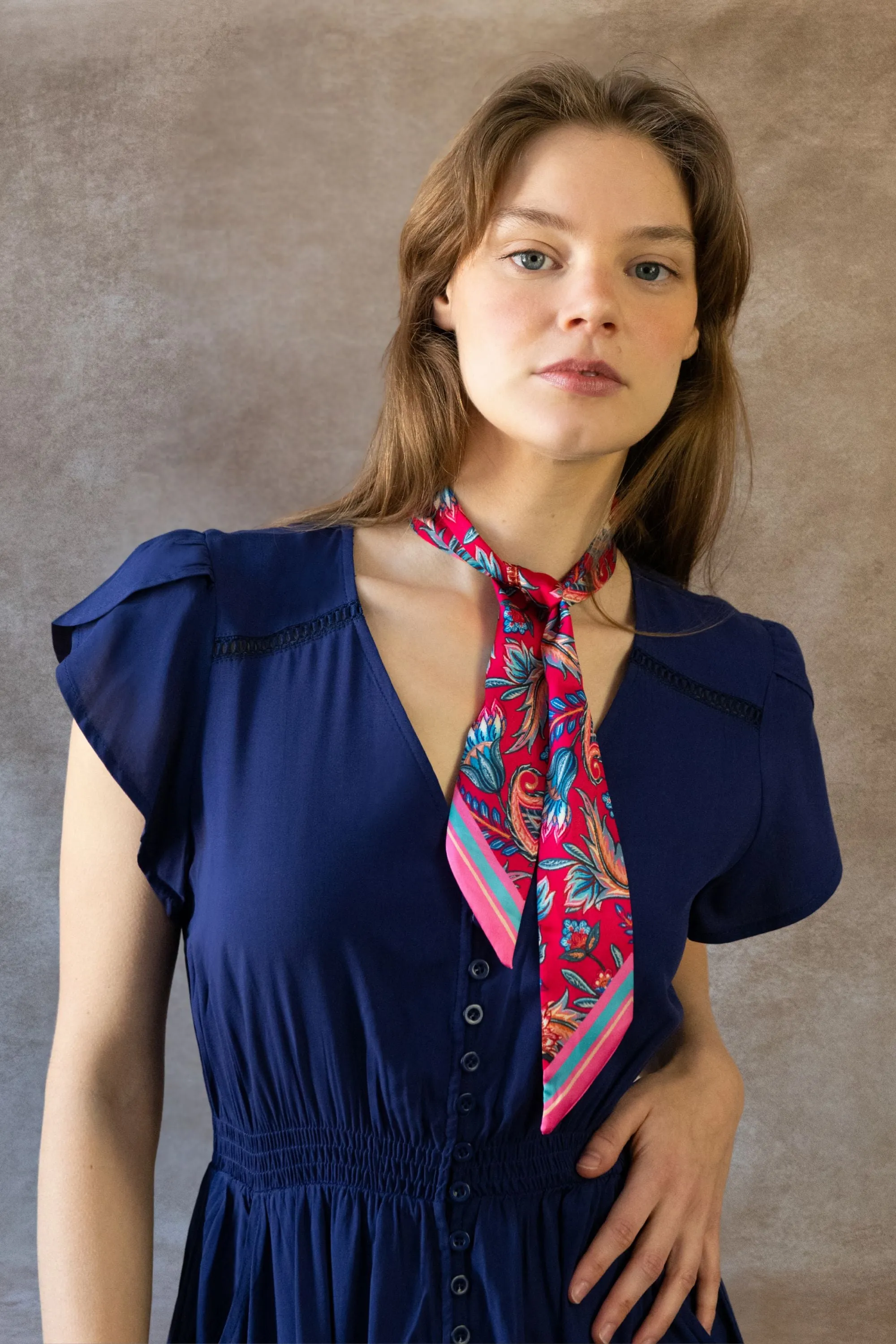 Elise Boho V-Neck Midi Dress - Button Down, Short Sleeve, Pockets