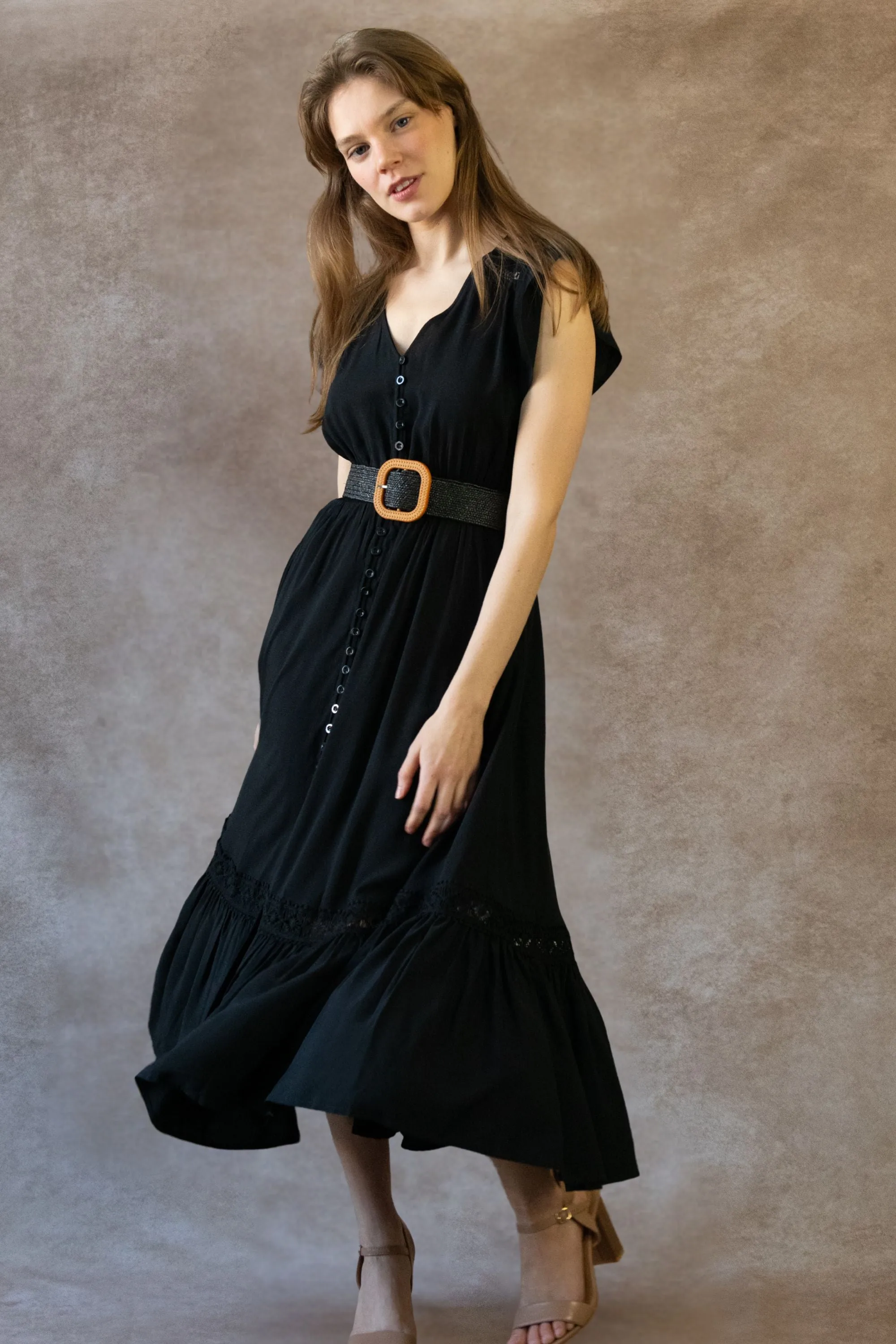 Elise Boho V-Neck Midi Dress - Button Down, Short Sleeve, Pockets
