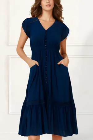 Elise Boho V-Neck Midi Dress - Button Down, Short Sleeve, Pockets
