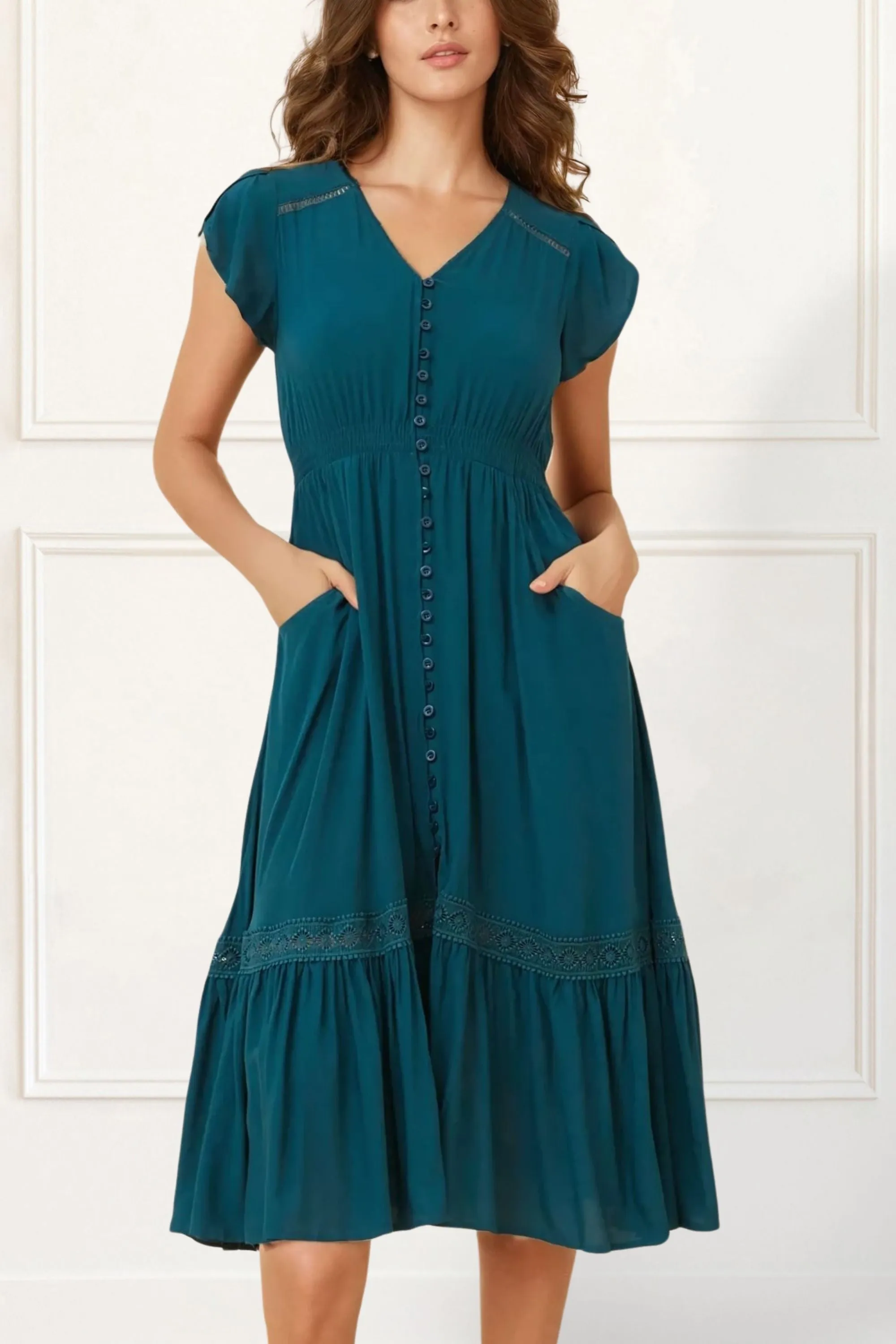 Elise Boho V-Neck Midi Dress - Button Down, Short Sleeve, Pockets
