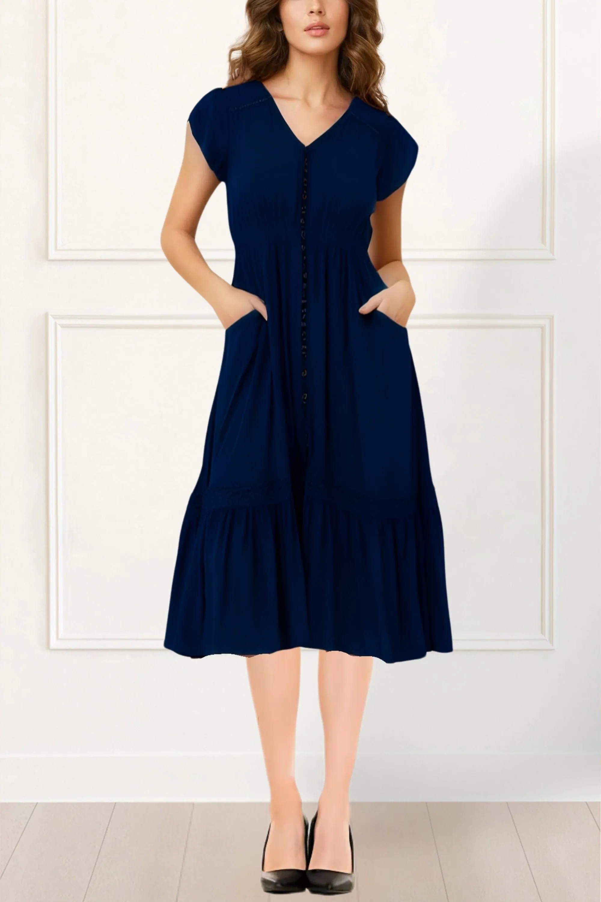 Elise Boho V-Neck Midi Dress - Button Down, Short Sleeve, Pockets