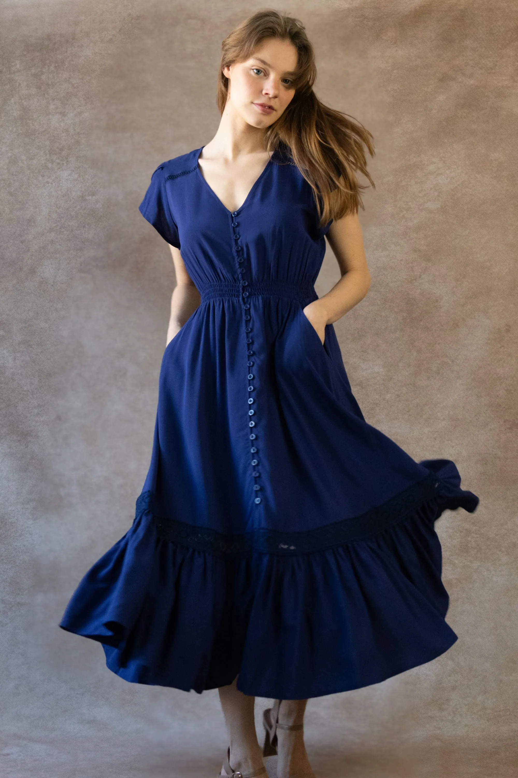 Elise Boho V-Neck Midi Dress - Button Down, Short Sleeve, Pockets