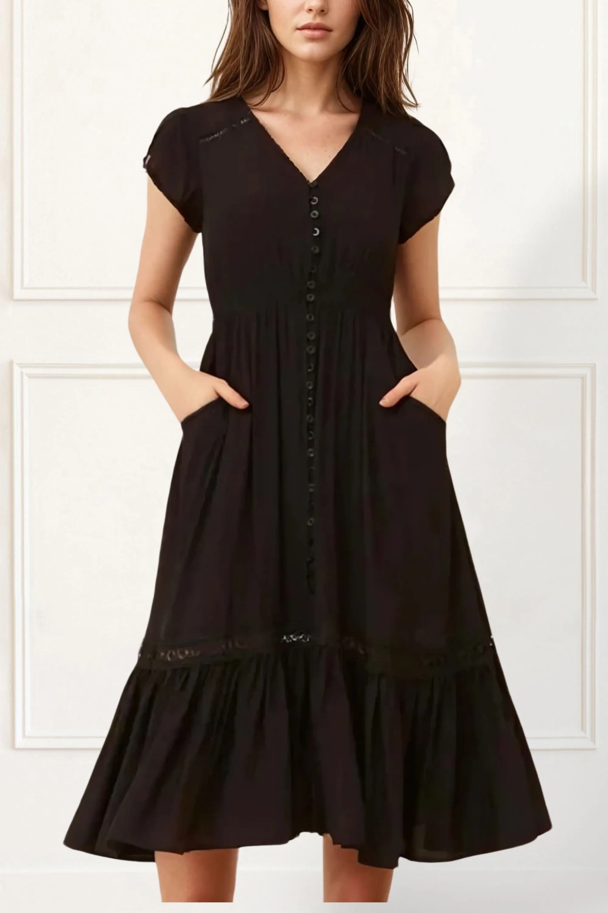 Elise Boho V-Neck Midi Dress - Button Down, Short Sleeve, Pockets