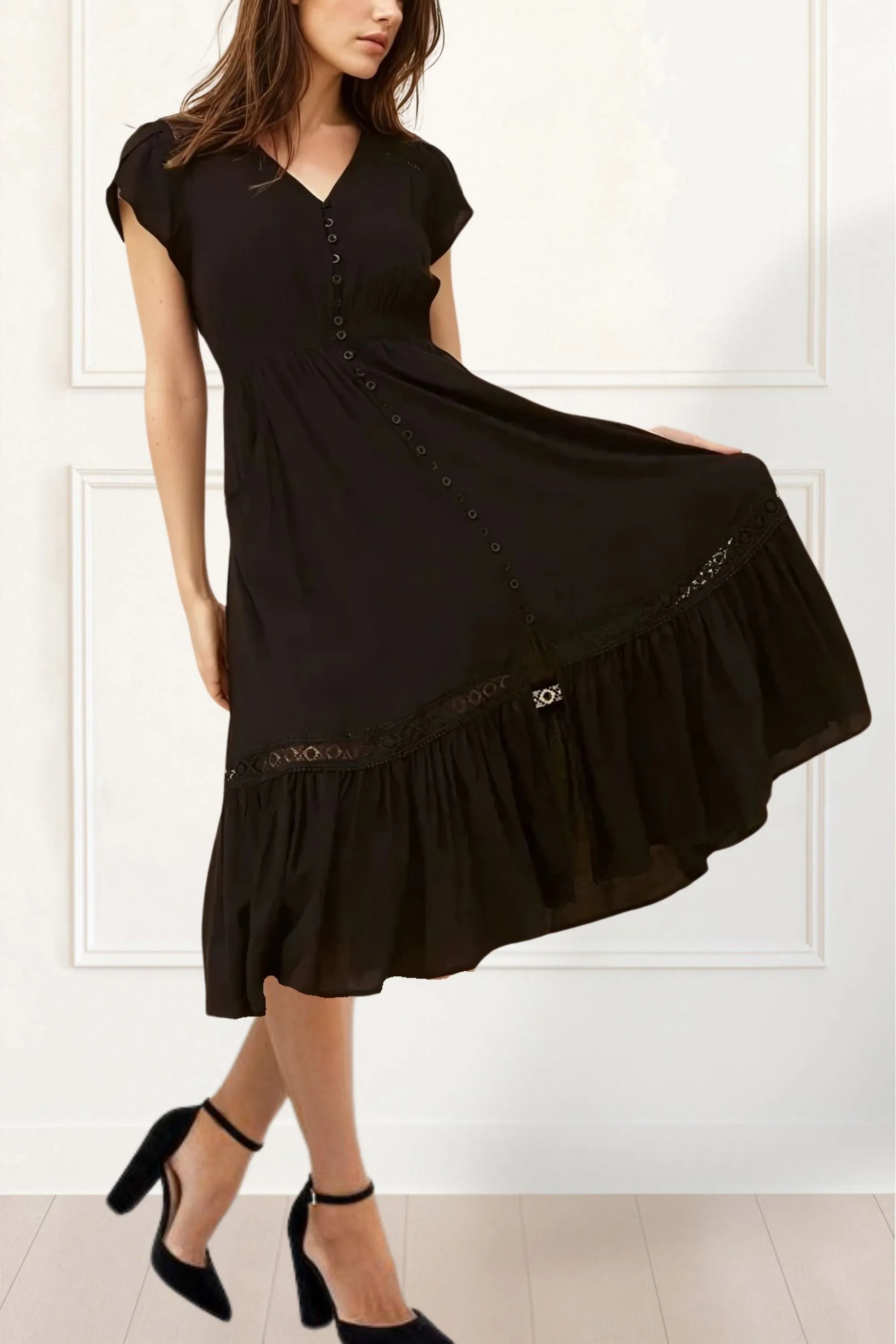 Elise Boho V-Neck Midi Dress - Button Down, Short Sleeve, Pockets