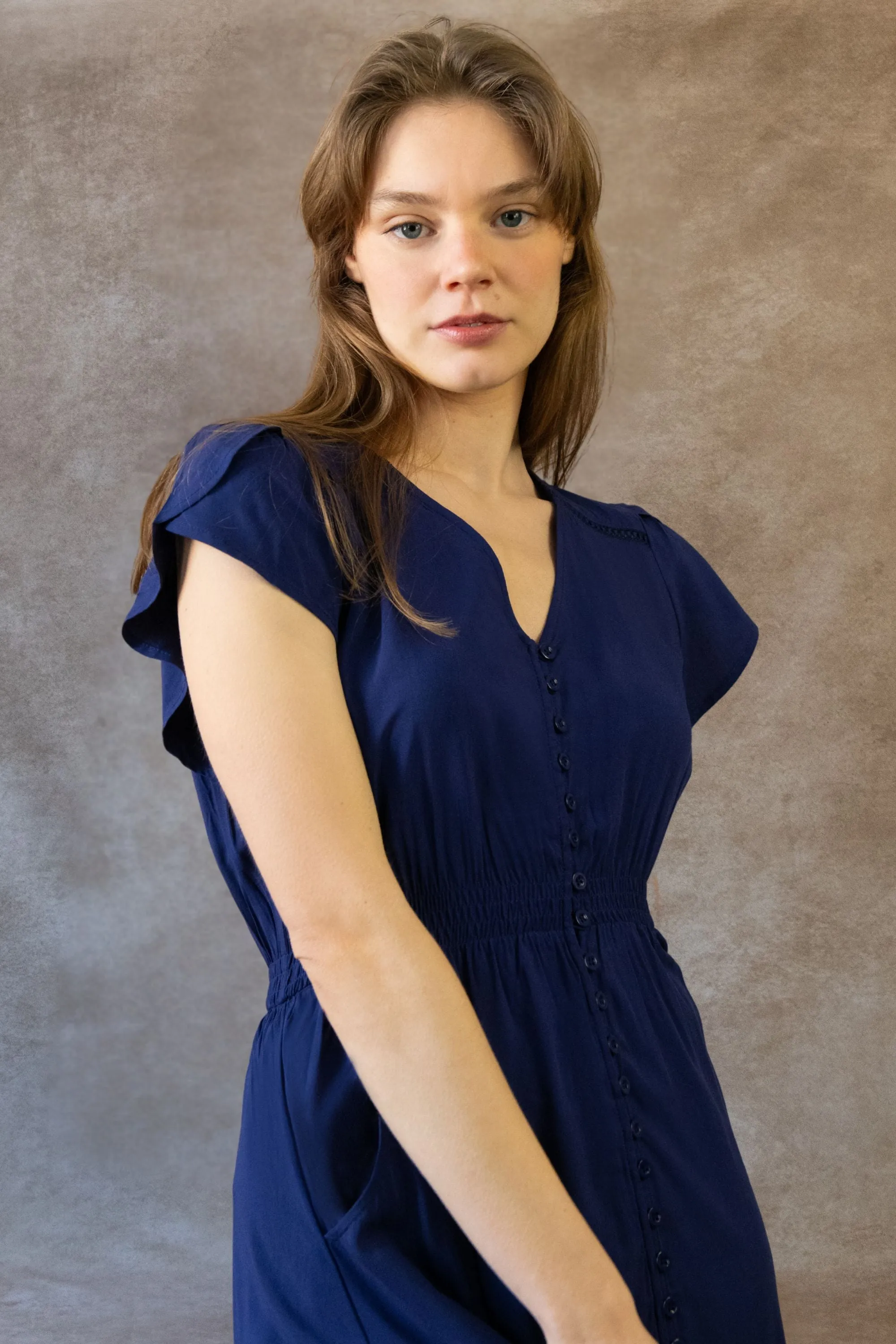 Elise Boho V-Neck Midi Dress - Button Down, Short Sleeve, Pockets