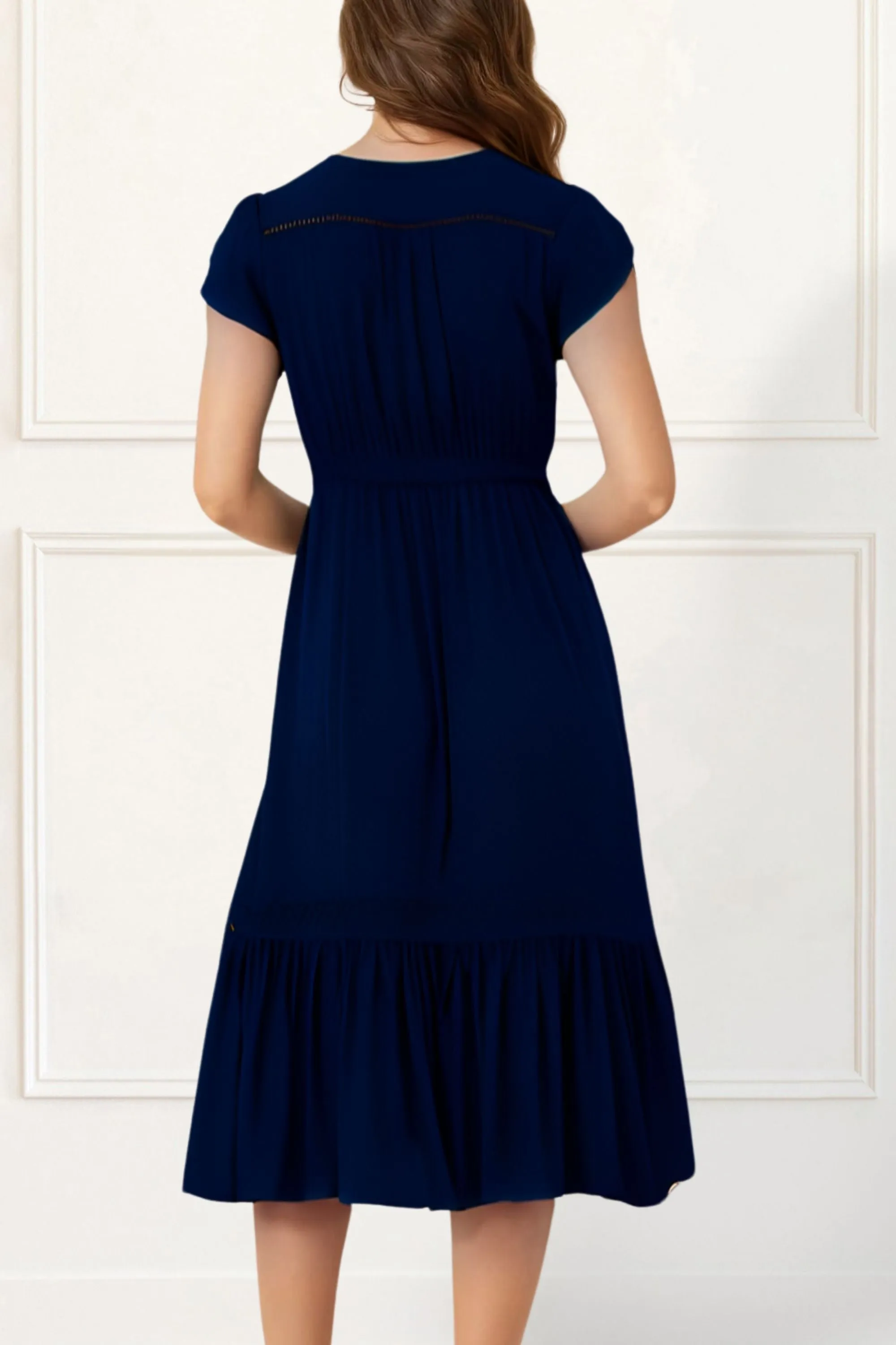 Elise Boho V-Neck Midi Dress - Button Down, Short Sleeve, Pockets