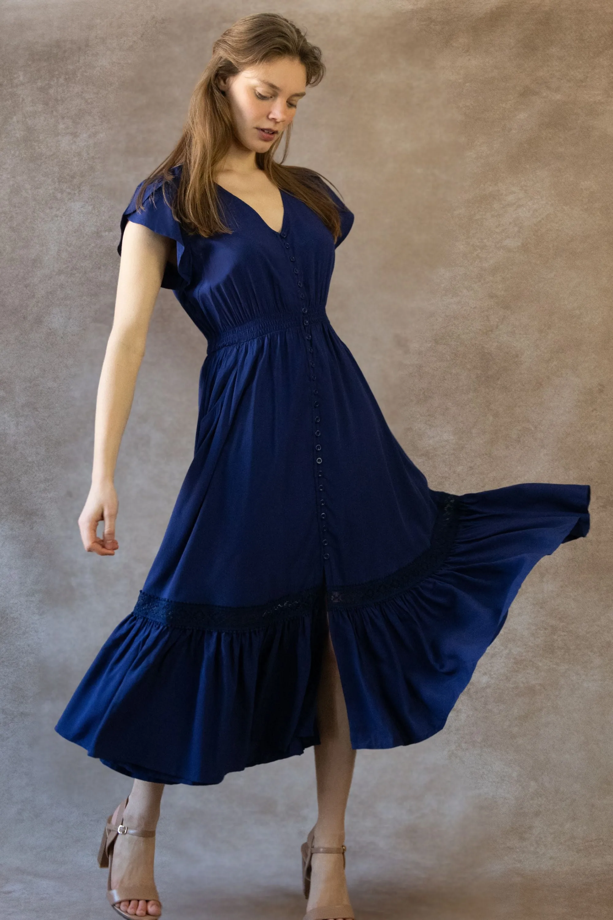 Elise Boho V-Neck Midi Dress - Button Down, Short Sleeve, Pockets