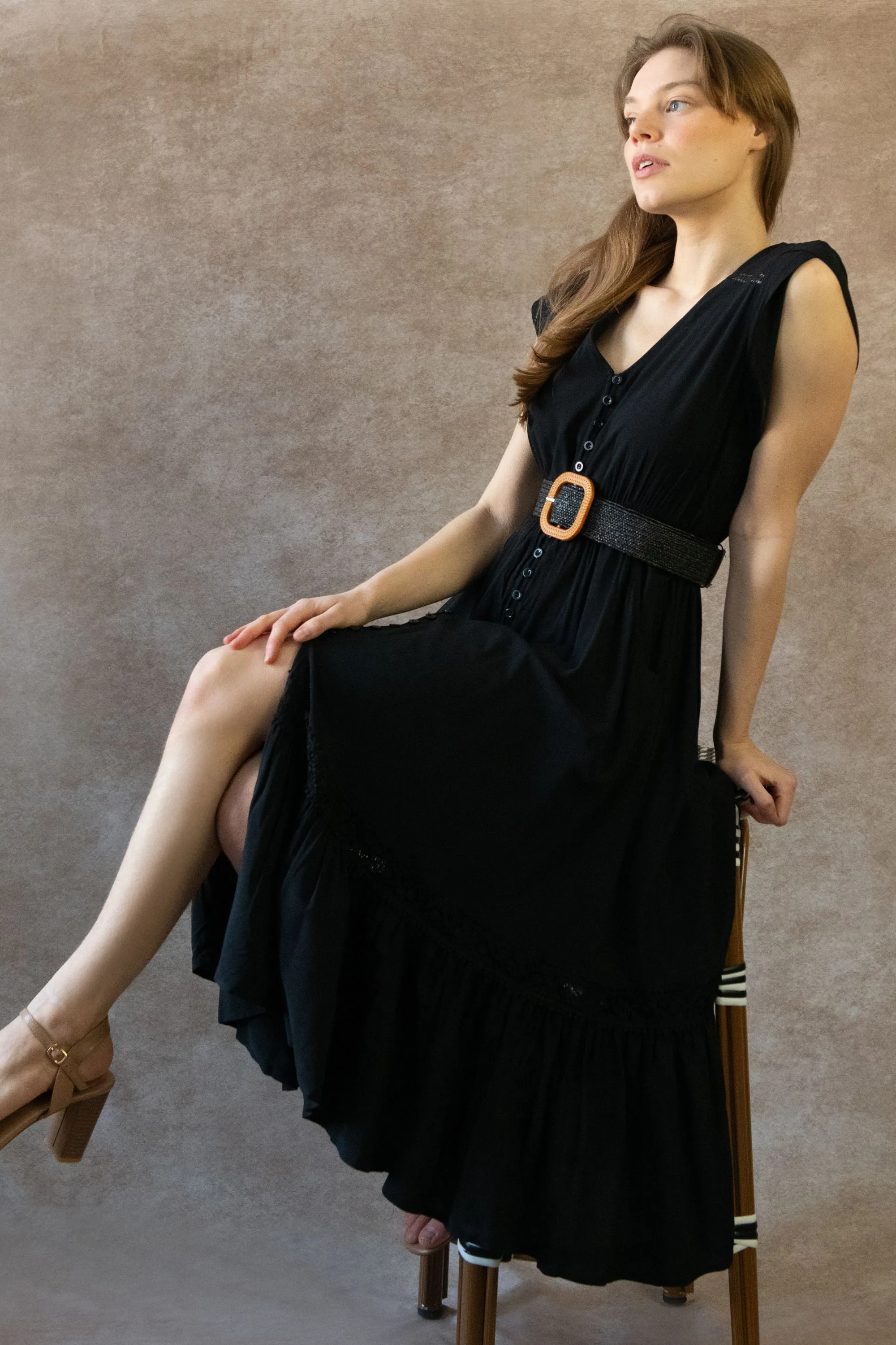 Elise Boho V-Neck Midi Dress - Button Down, Short Sleeve, Pockets