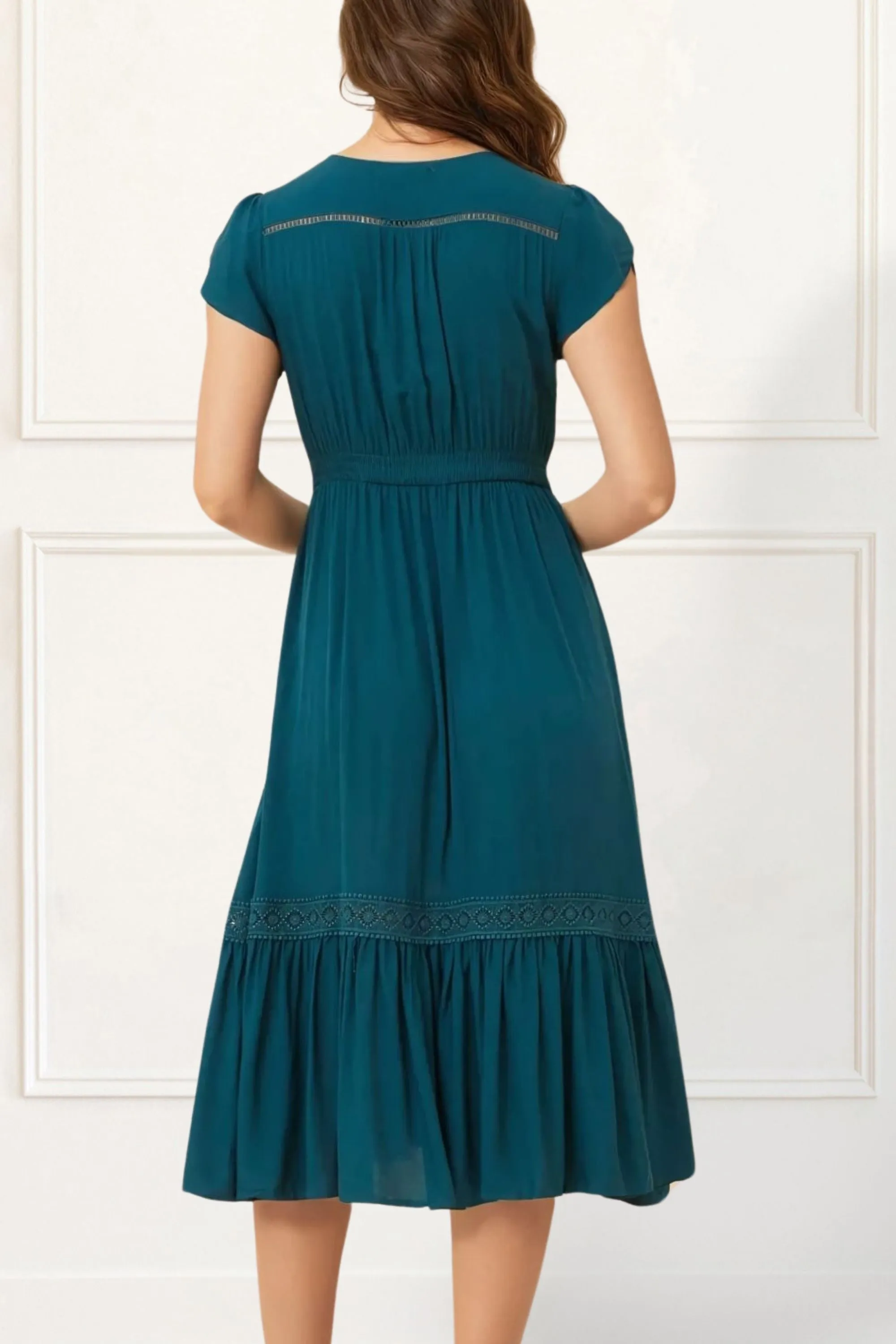 Elise Boho V-Neck Midi Dress - Button Down, Short Sleeve, Pockets
