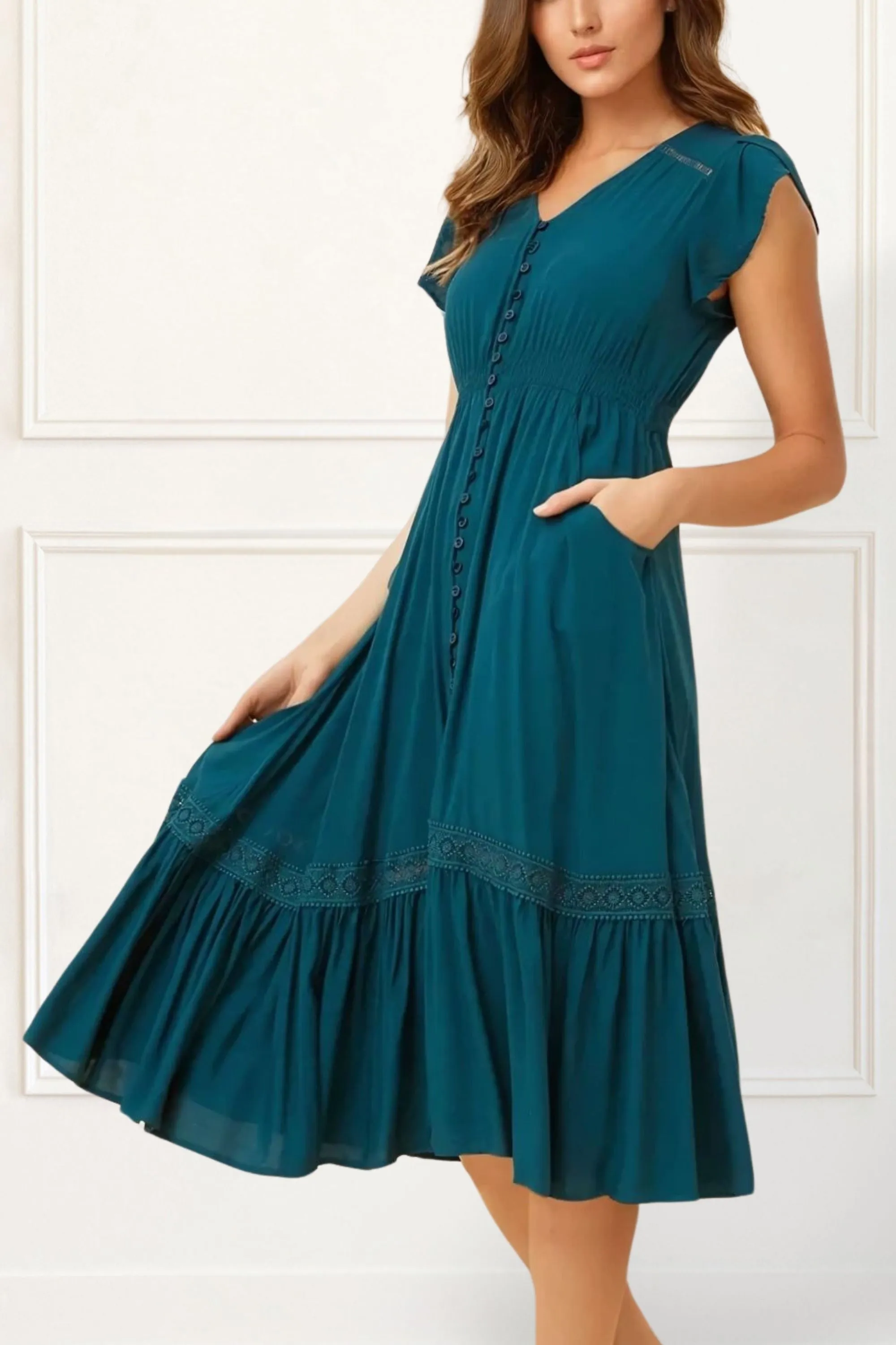 Elise Boho V-Neck Midi Dress - Button Down, Short Sleeve, Pockets