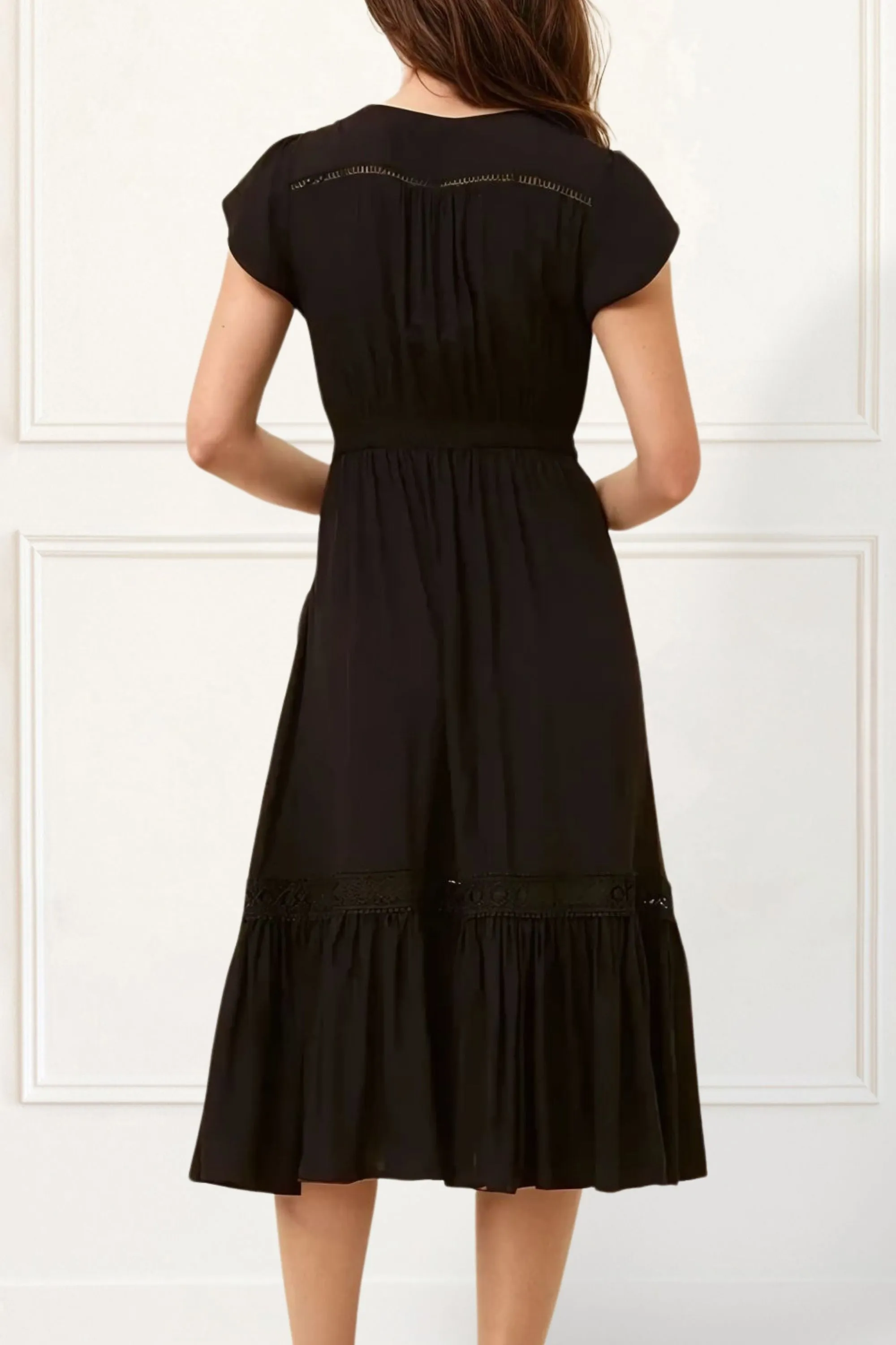 Elise Boho V-Neck Midi Dress - Button Down, Short Sleeve, Pockets
