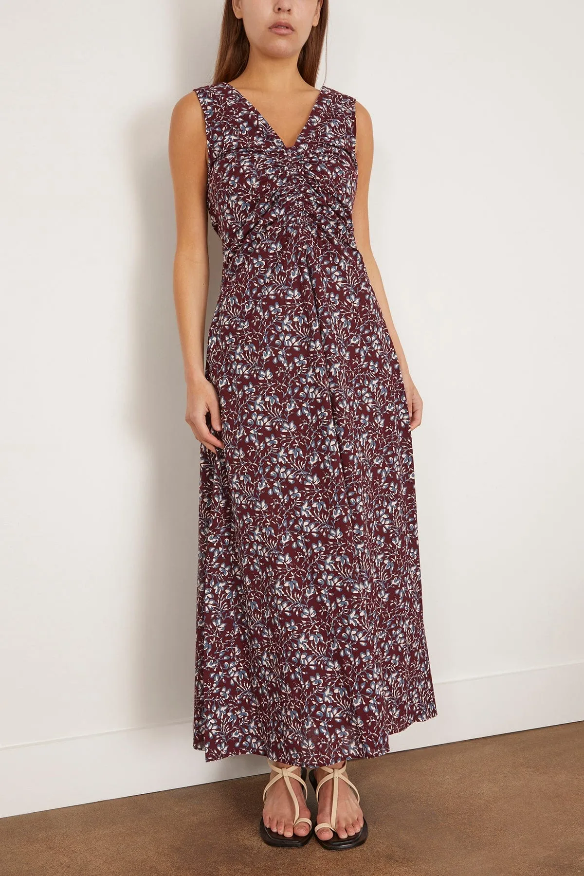 Fatima Ruched Tank Dress in Mira Floral Wine Tasting