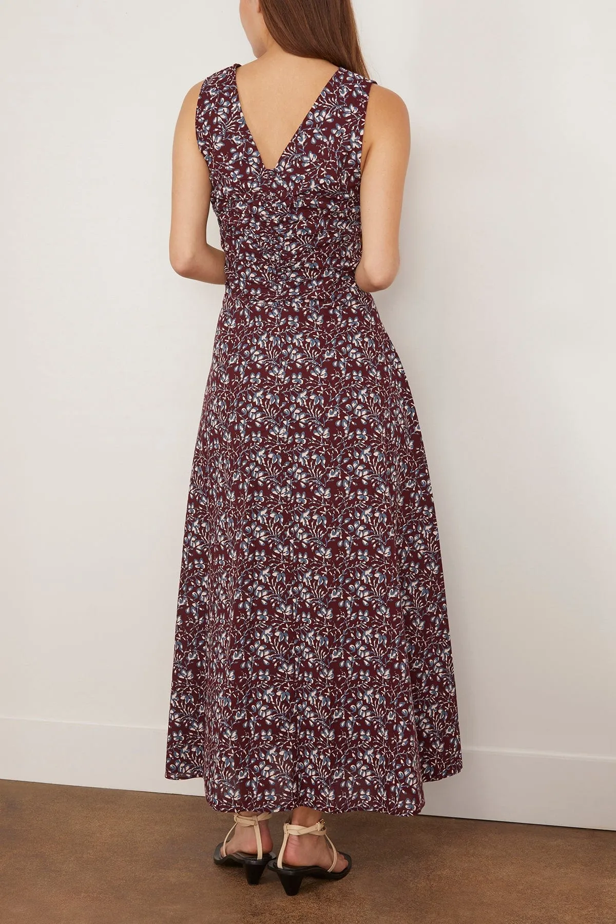 Fatima Ruched Tank Dress in Mira Floral Wine Tasting