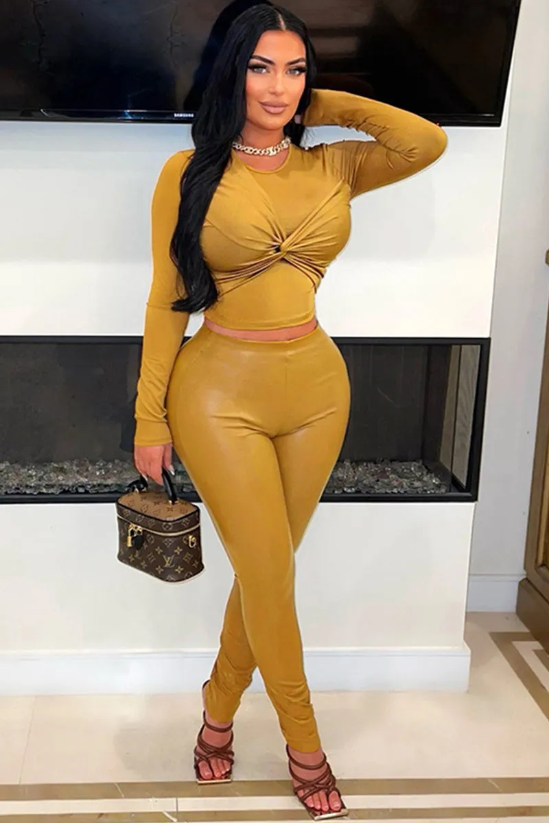 Front Twist Long Sleeve Top And Leather Pants
