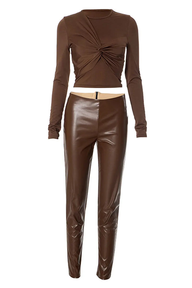 Front Twist Long Sleeve Top And Leather Pants