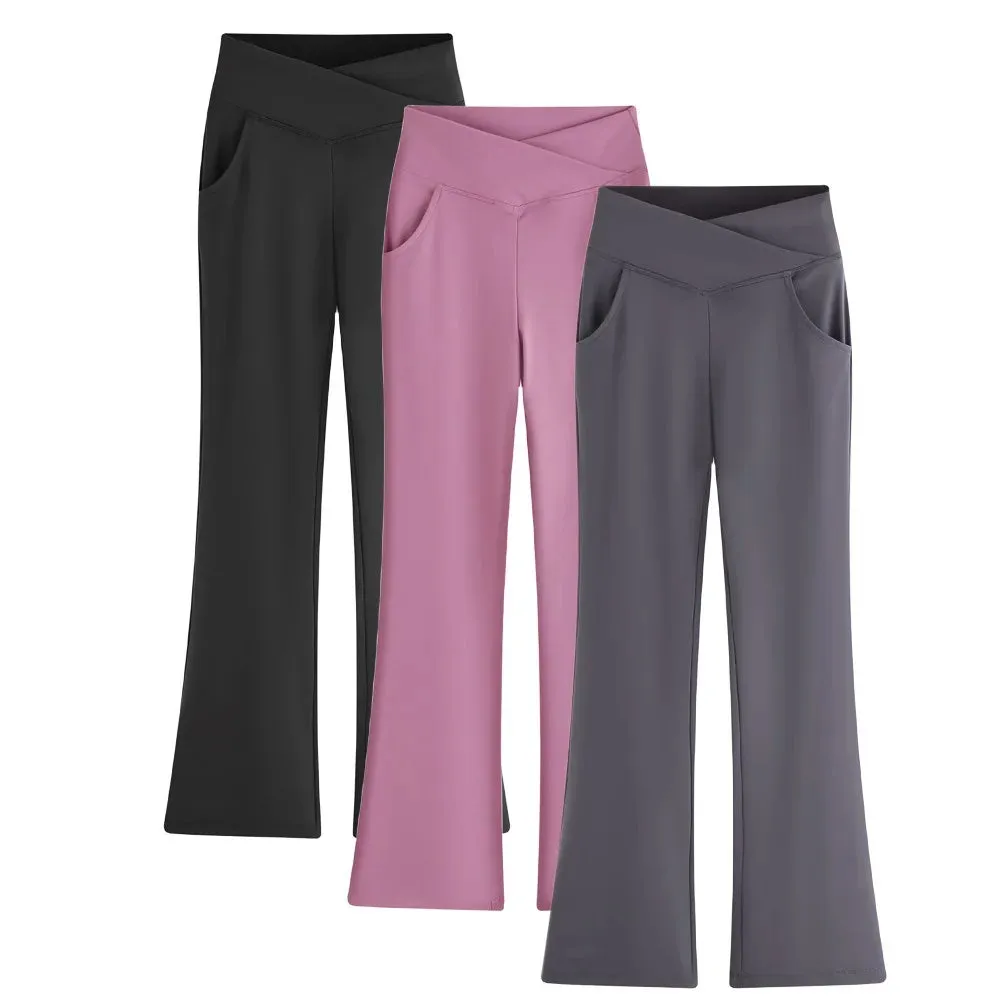 Girls' Cross Waist Flare Leggings - Black Bell Bottoms with Pockets for Dance, Yoga, and Running (Ages 10-12)