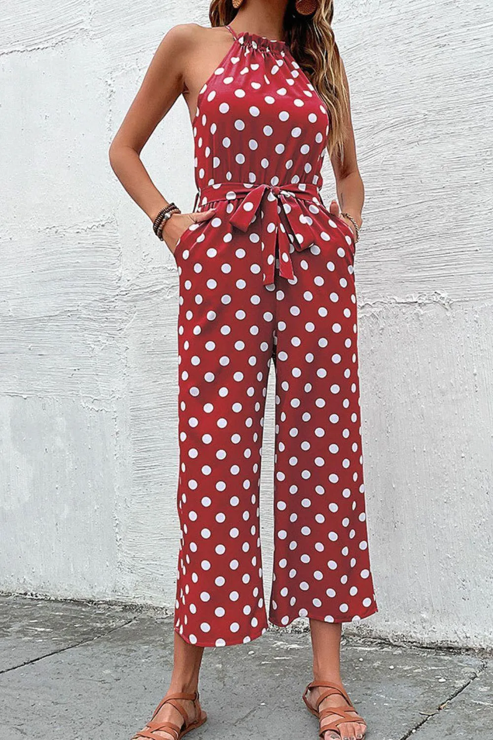 Grecian Belted Sleeveless Polka Dot Jumpsuit