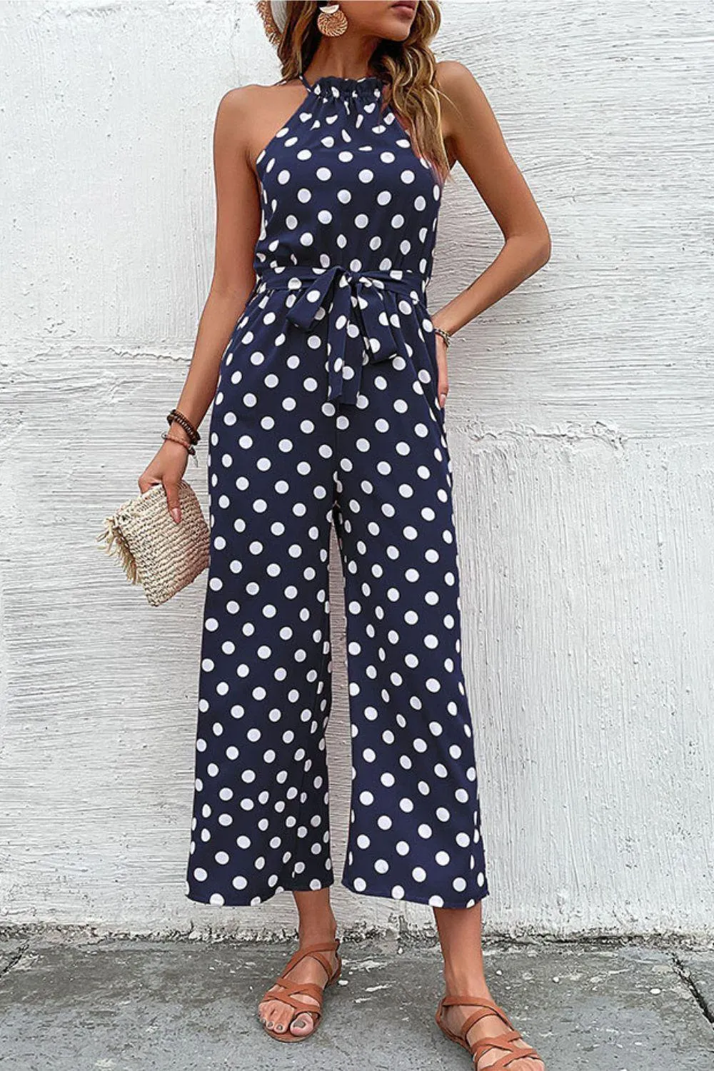 Grecian Belted Sleeveless Polka Dot Jumpsuit
