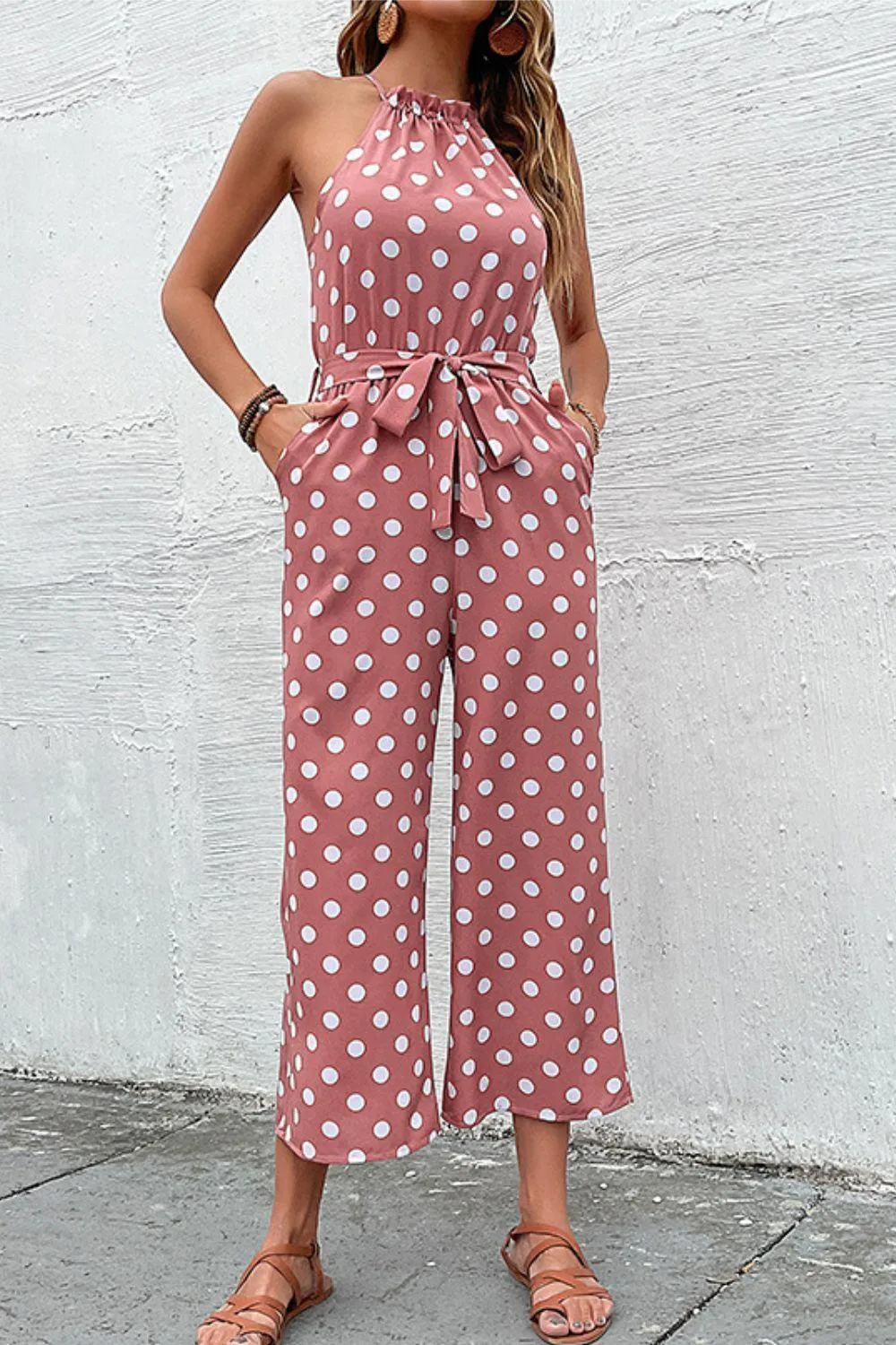 Grecian Belted Sleeveless Polka Dot Jumpsuit