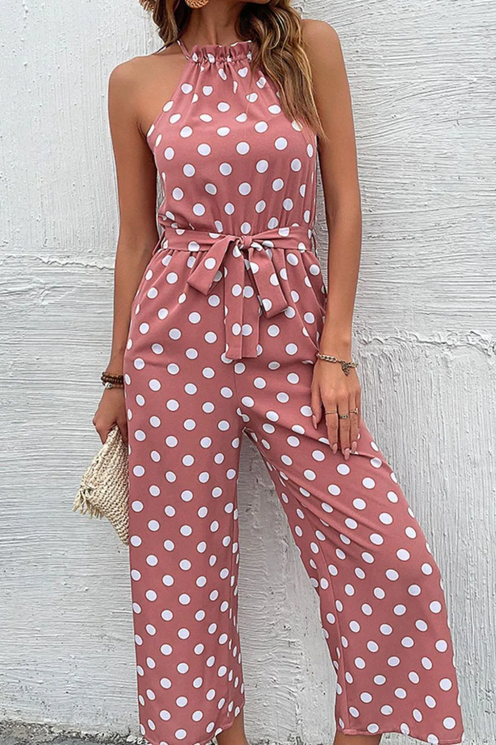 Grecian Belted Sleeveless Polka Dot Jumpsuit